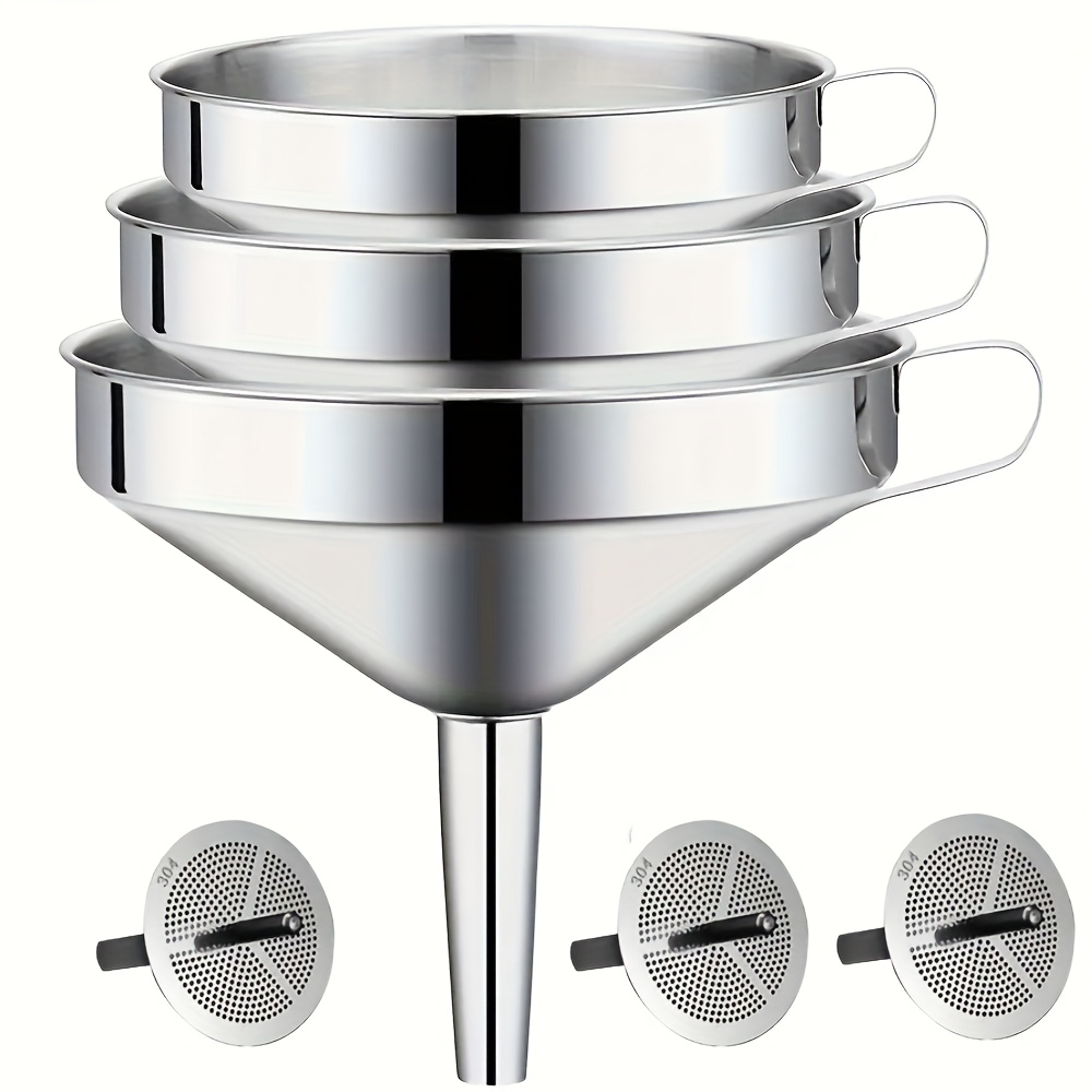 TEMU 3pcs Stainless Steel Funnel, New Food Grade Kitchen Funnel With Removable Cleaning Brush, Suitable Oil Jam Drying Ingredients Powder