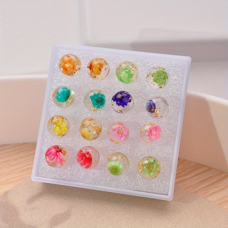 Resin Glass Ball Stud Earrings Multicolor Dried Flowers Hypoallergenic Posts