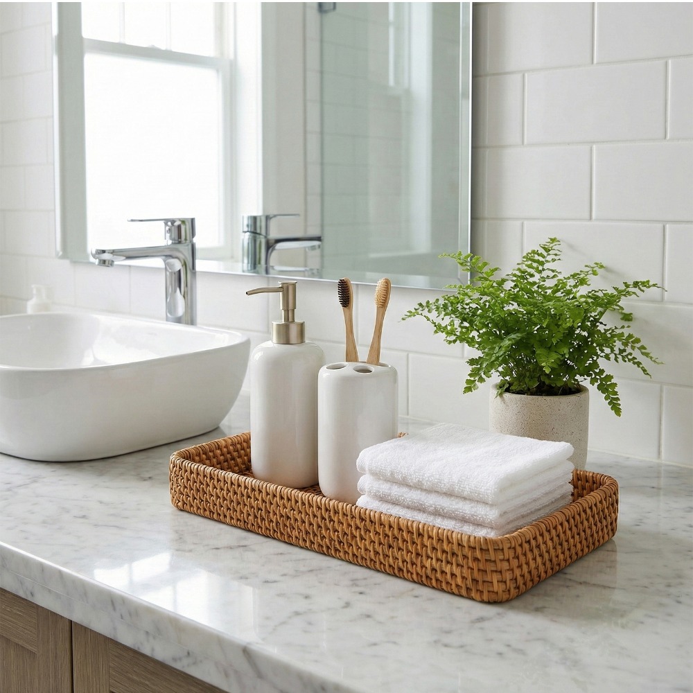 2 Hand-Woven Rattan Bathroom Storage Trays, Multi-Functional Entryway Tabletop Key and Sundries Decorative Tray, Toilet Tank Decorative Basket for Storing Keys, Vanity Items, Candles, Ornaments, Perfume, and Long Hand Towels, Exquisite Home Storage