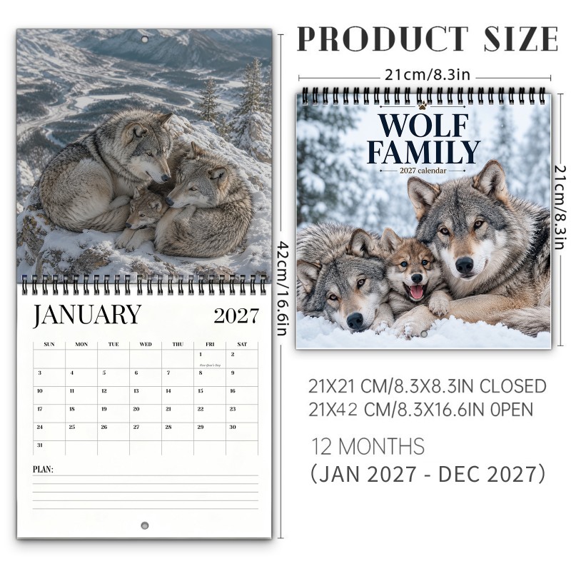 TEMU Wolf Family 2027 Wall Calendar - Spiral-bound Thick Paper Monthly Planner With Photos Suitable For , Winter Wildlife Scenes, Marked Holidays,