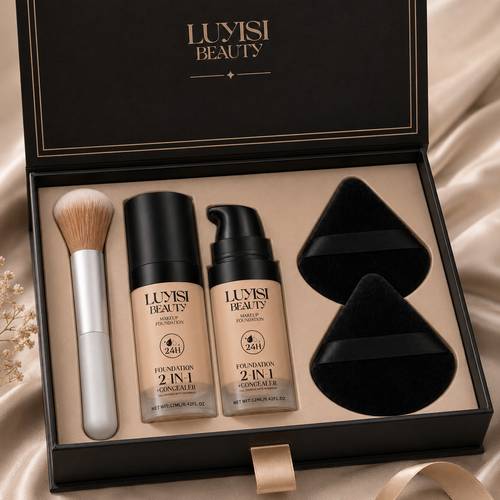 imagen del artículo set de 4 piezas de base de maquillaje para , 1 botella de base de maquillaje líquida , 2 borlas de maquillaje y 1 brocha para base, acabado impermeable de larga duración para cubrir manchas, tatuajes, retoques debajo de , nariz, , uso , fiestas, cosplay
