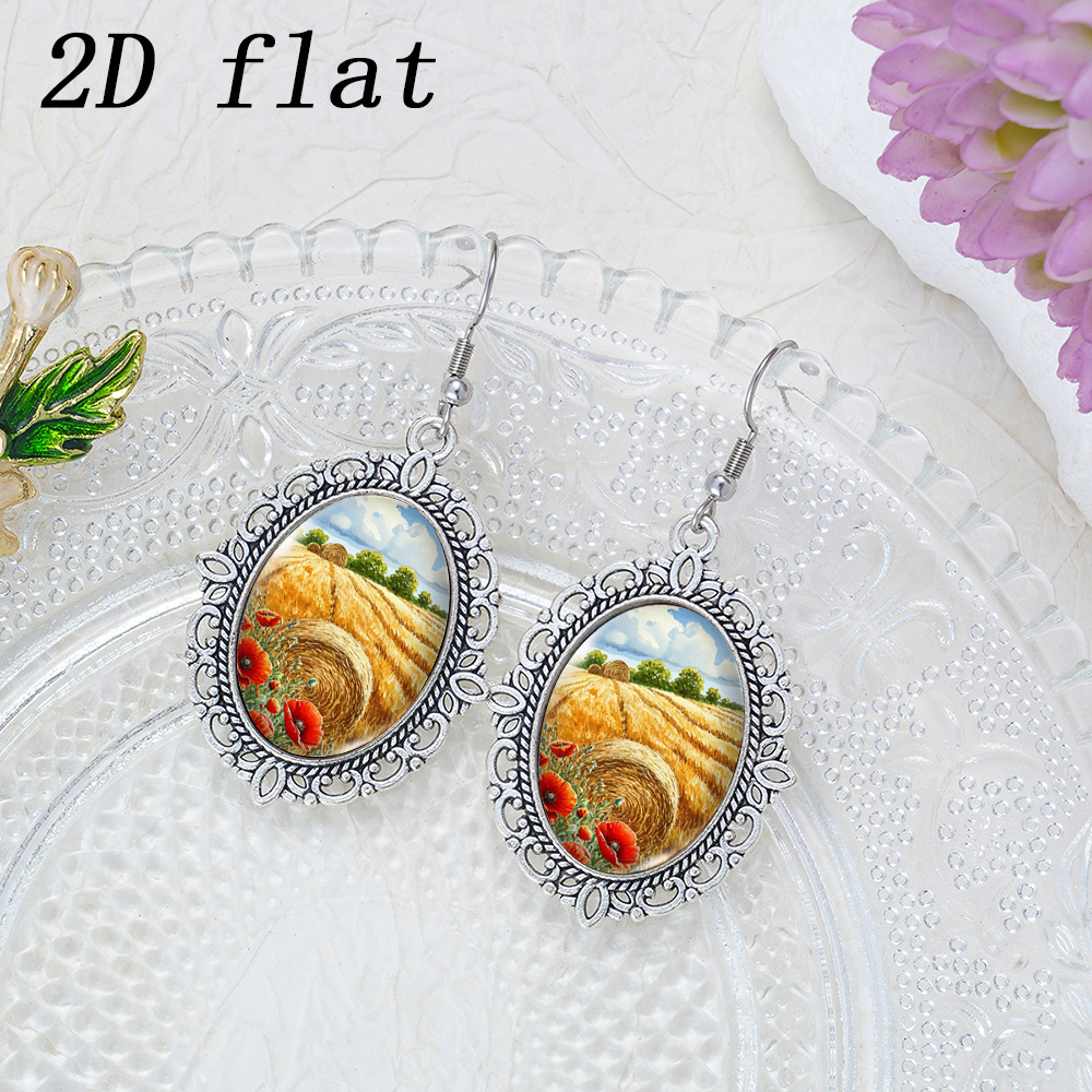 Golden Autumn Wheat Field Poppies Pattern Gem Glass Earrings