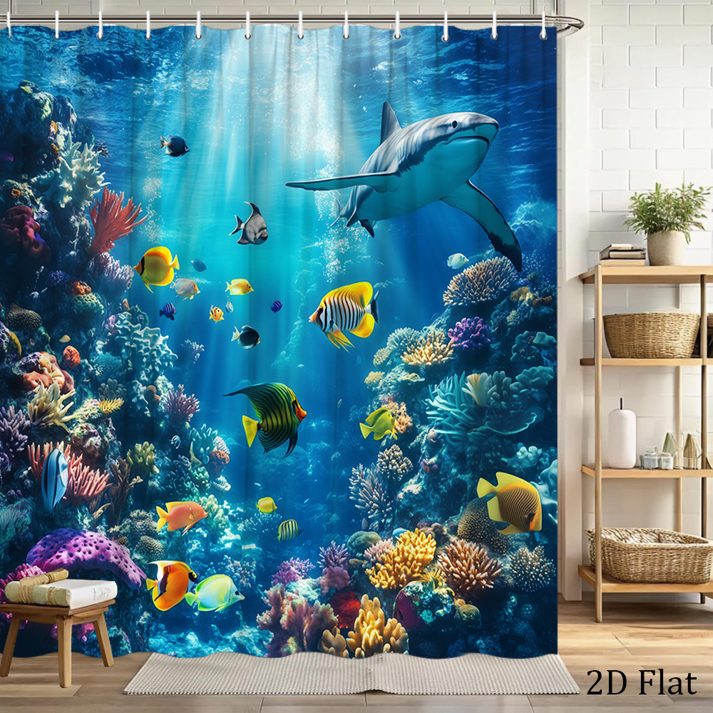 TEMU 2d Flat, 1pc 2d Flat Ocean Underwater Scene Shower Curtain Colorful Fish Bathroom Hanging Curtain 70.8x70.8 Inch With Hooks For Nautical Theme,