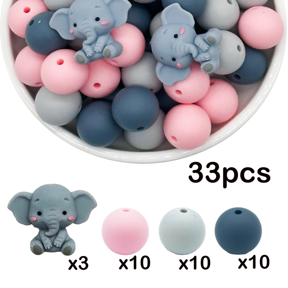Image of 33pcs Silicone Elephant Bead Set, Suitable For Jewelry Making, Home Decoration, Bracelets, Necklaces, Phone Charms, And Bag Additions, Perfect For And Gifts