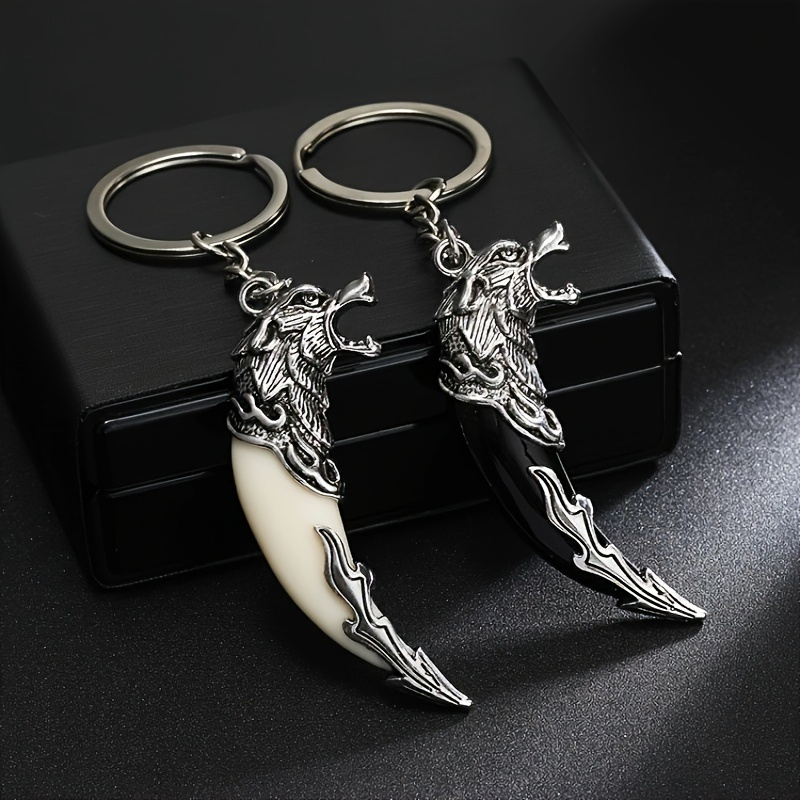 Image of 2-pack Wolf Tooth Keychains - Black & White Stainless Steel Pendant With Detailed Wolf Design Car Keys, Bags & Additions | Ethnic Style Retro Additions (unisex)