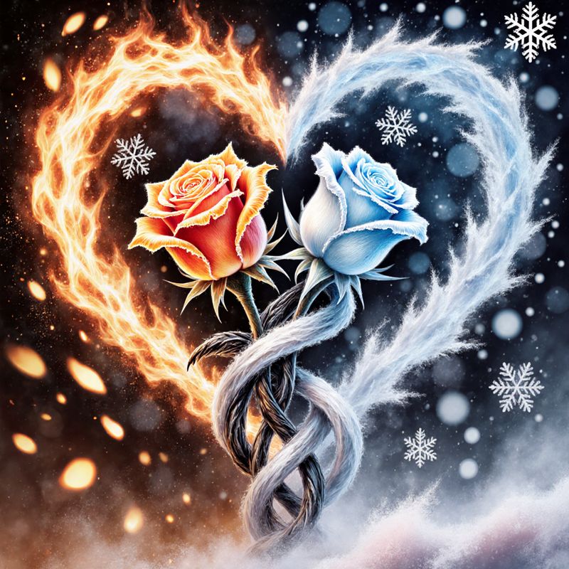 TEMU Fire And Ice 2 Roses Diamond Painting - Round Diy Suitable For Home Decor With & Icy Blue Roses, Heart-shaped Flames/frost, , Glowing - Suitable