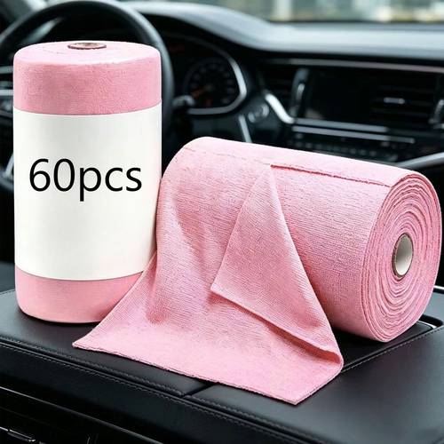 Pink 60pcs Extra Large Roll Microfiber Car Cleaning Towels, Reusable Cleaning Cloth Roll, Convenient Hand-Tear Microfiber Towel Roll, Reusable Cleaning Wipes, Household Kitchen Towel Roll, Car Wash Cloth, Multi-purpose Alternative, Suitable for Car