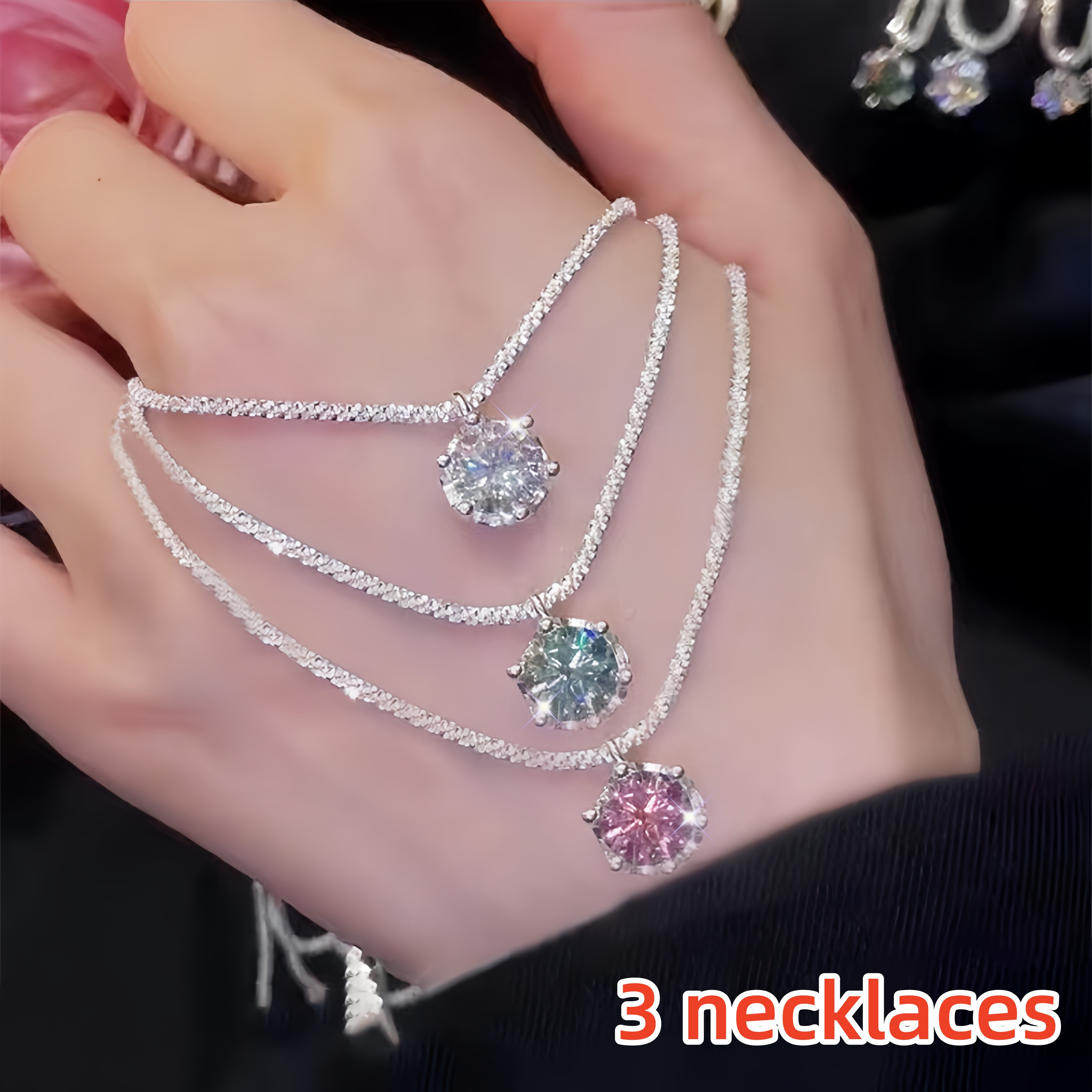 TEMU 3pcs 925 Silvery 1 Carat Moissanite Inlaid Necklace Autumn And Winter New High-end Perfect For Weddings, And Special Occasions, , Valentine's