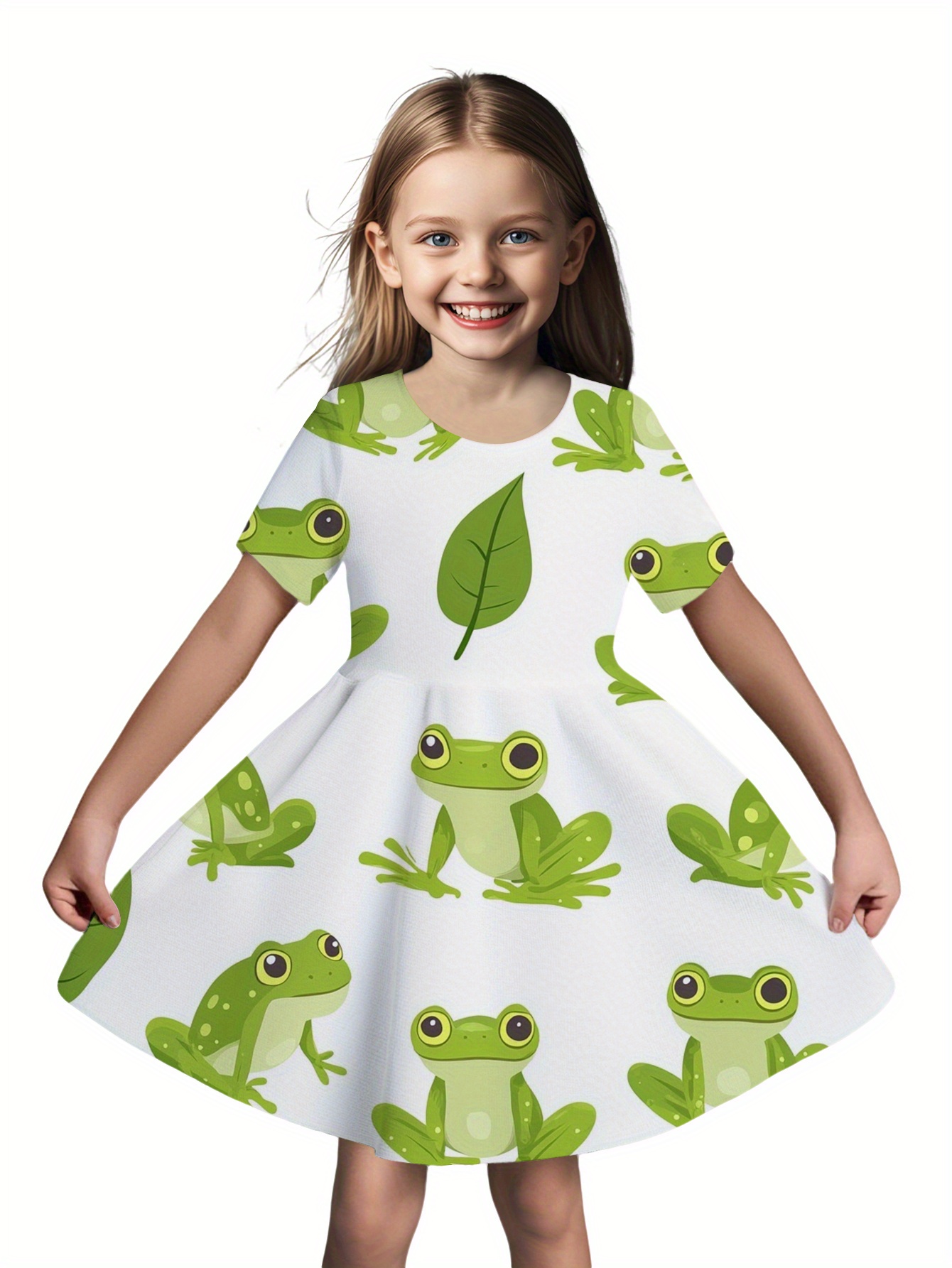 meisjes schattige cartoon kikker print korte mouw jurk - 3d digitaal volledig print, lichtgewicht polyester, perfect voor lente & zomer uitstapjes, strandfeestjes en casual kleding, kikkerkleding 0