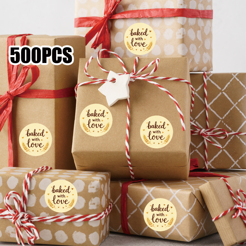 TEMU 500pcs/roll, "" Round Sticker Roll, 1 Inch/2.5 Cm Size, Brown English With And Heart Decoration, Warm Handmade Style, Suitable For Baking
