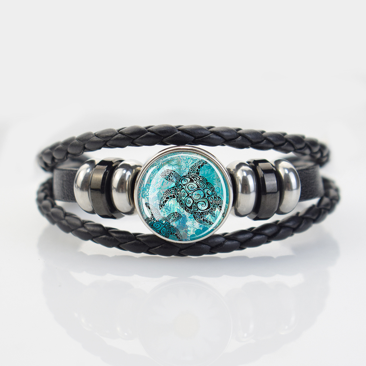 Ocean-Themed Black Braided Bracelet with Marine Animal Patterns