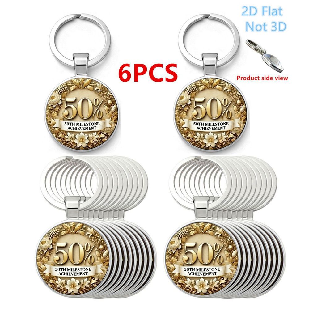 TEMU 2D Flat - 6 portachiavi rotondi colorati in - 2D Flat, non 3D, con il testo '50% 50TH MILESTONE ' e decorazioni , progettati con un anello in