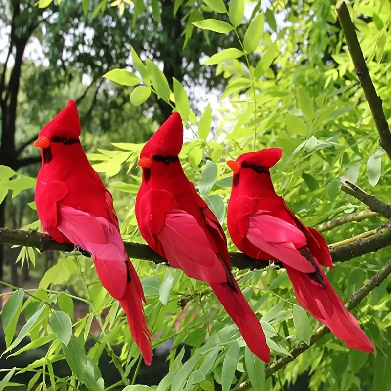 3 piezas Pájaros Cardenales Rojos Artificiales de Aspecto Realista - Adornos Colgantes de Poliuretano Vibrantes para Decoración de Hogar y Jardín, Diseño de Plumas Realistas, Perfectos para Decoraciones de Habitación y Fiestas