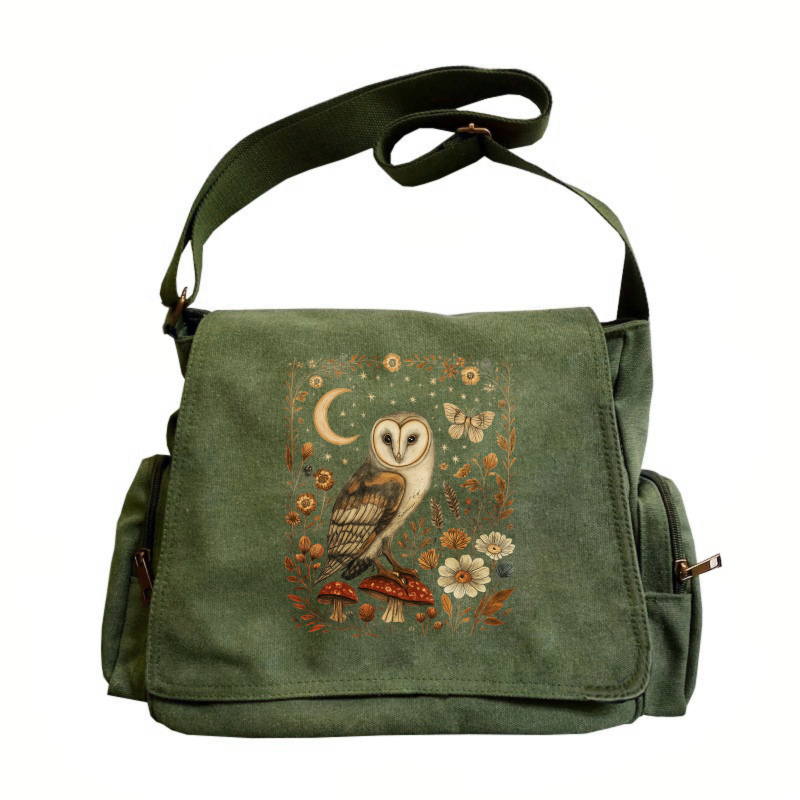 E-shop Große Kapazität Schultertasche, Vintage Klapp-Tasche Crossbody Messenger Bag, Nachtmond Eule Blumenmuster, Literarischer Waldstil, Ideal für