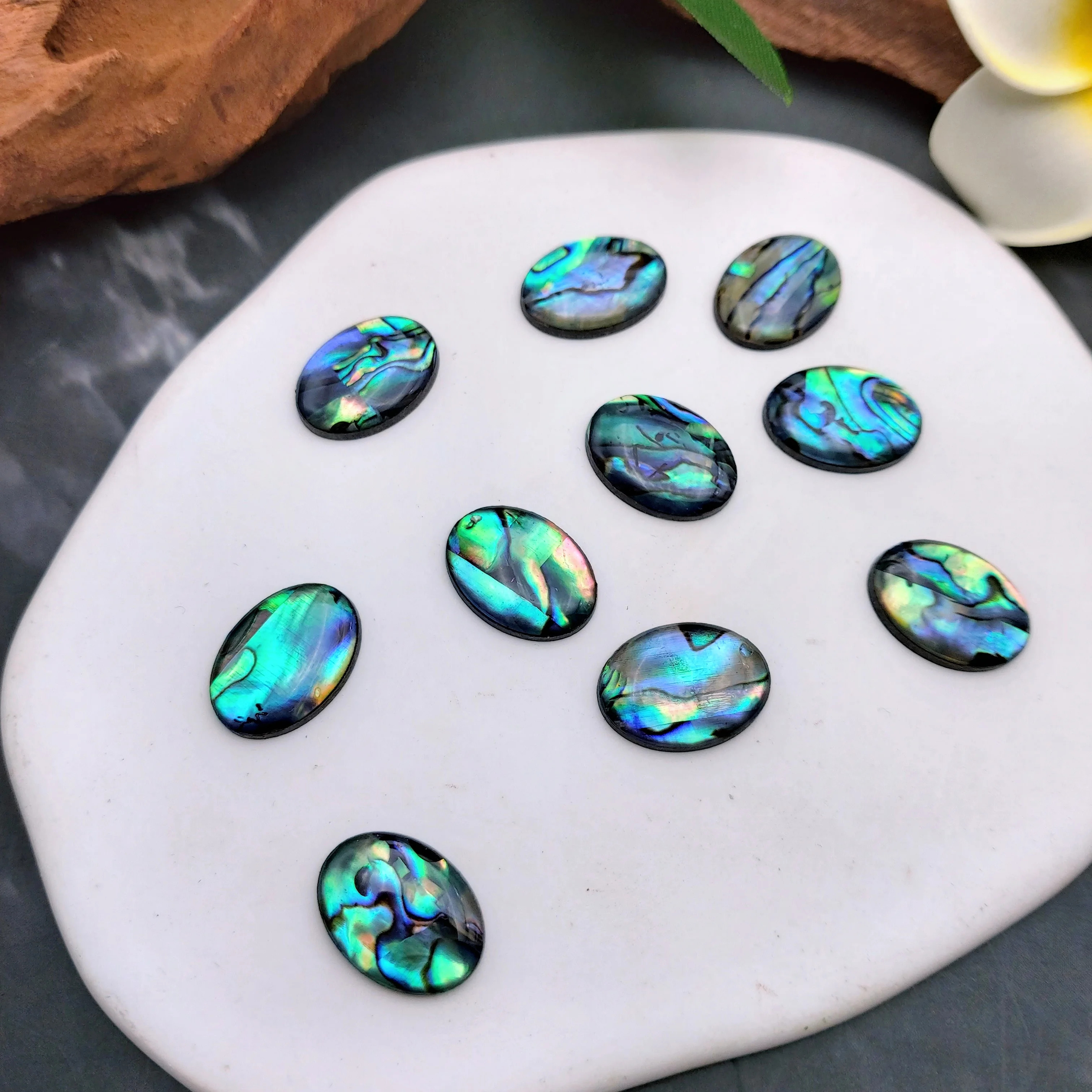 TEMU 2d Flat - 20pcs Of 13x18mm Flat Abalone Shell With An Acrylic Base, Perfect For Ring Making, Featuring Bright Polished Paua Loose Beads For