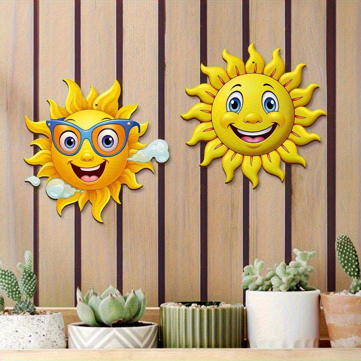 Image of 2d Flat, 2pcs 2d Flat Solar Wall Decor, Hanging Wooden For Garden Fence, Patio, Living Room, And Bedroom Outdoor Decoration | Vibrant Design | Durable Artwork, 2d Flat