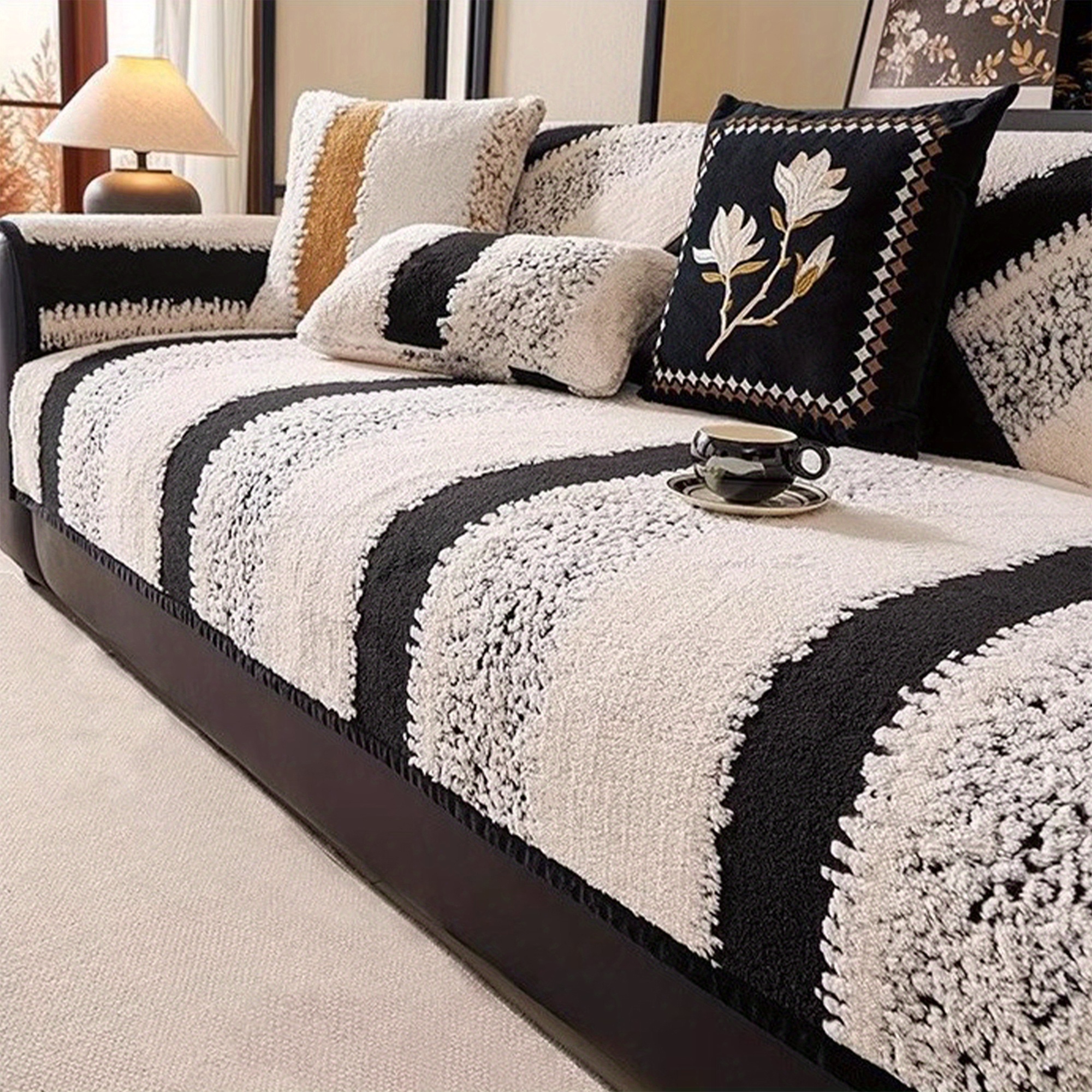 Plush Sofa Slipcover Stripes Non Slip Washable Decorative