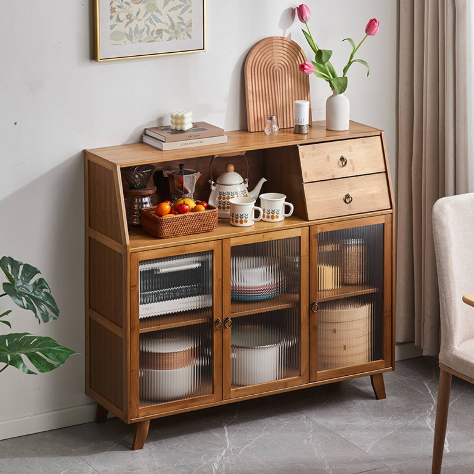 Image of Buffet Sideboard Cabinet With 3 Doors & Chest Of Drawers - Modern Storage Cabinet With Hinged Doors & Lid, Space- Design, Hallway, Dining Room - Furniture (100cm