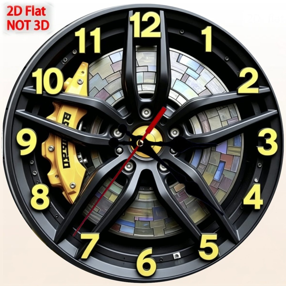 TEMU 2d Flat Silent Round Wall Clock Wheel Design Wall Clock For Living Room Or Garage, Black And Yellow With Numbers, Durable And Lightweight,
