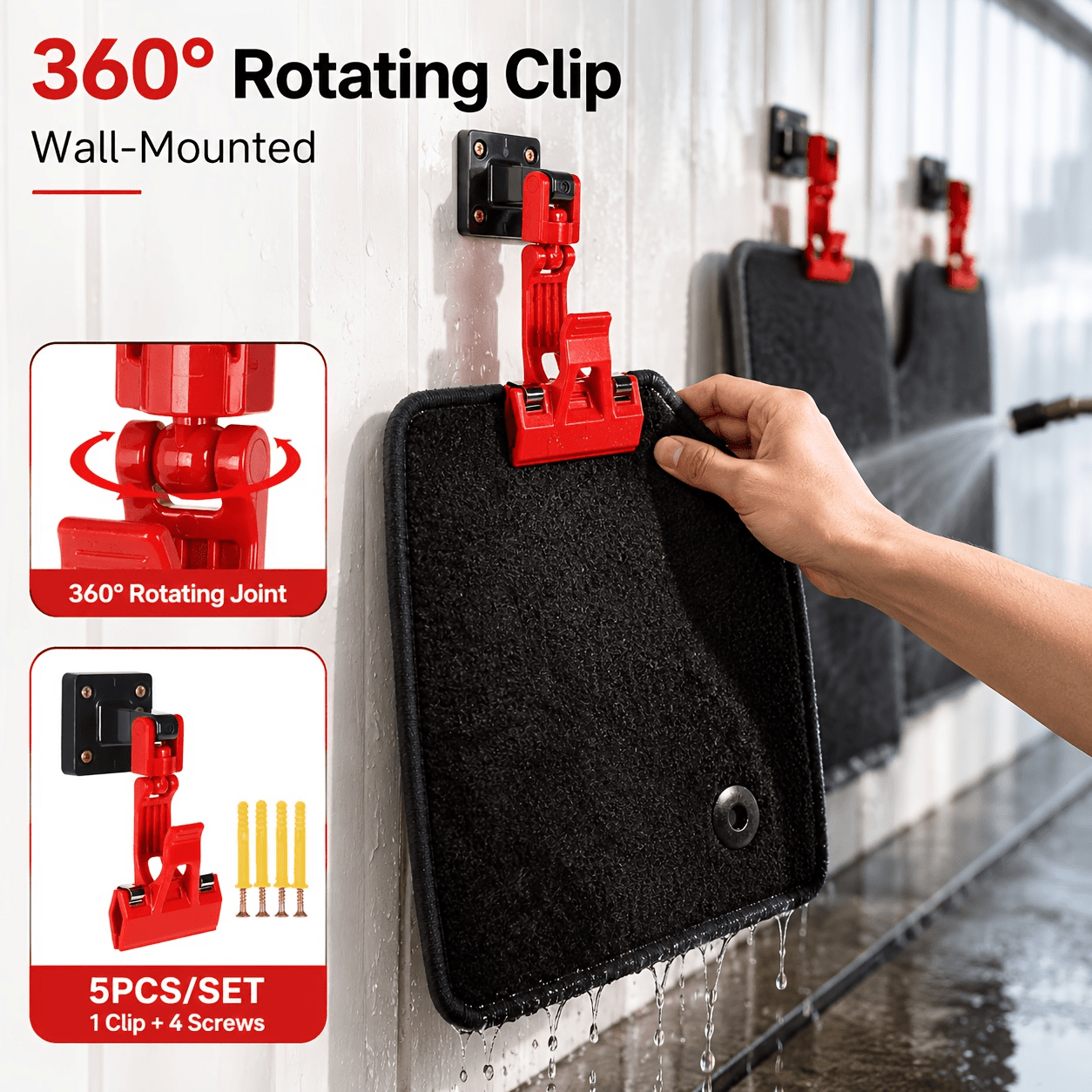 TEMU 5pcs 360 ° Rotating Car Cleaning Clip Multifunctional Wall-mounted Towel Rack No Battery Required Durable Car Accessory