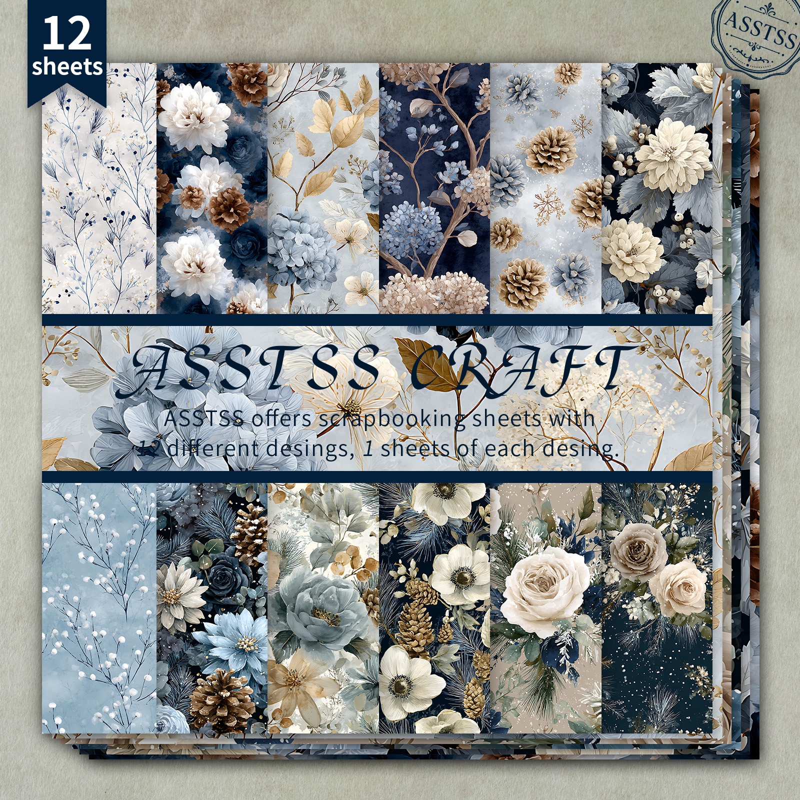 TEMU 12-sheet Asstss Heavyweight Scrapbooking Paper Pad Suitable For Journaling, Collage Art & Crafts - 6"x6" Blue Winter Floral Cardstock With