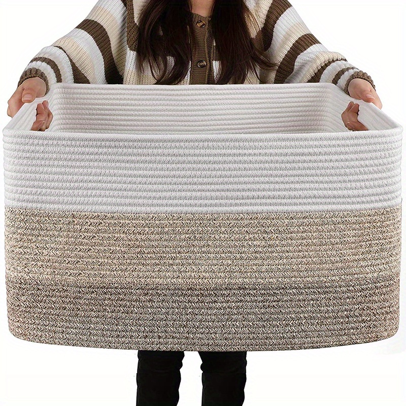 Large Woven Rope Storage Basket- Double Handle Design, 70L Capacity, Black and Beige Stripe Design, Great for, Laundry, Nursery and Living Room Organisation, 55x43x30cm, Laundry Basket, Storage Basket, Sturdy Handle Design, Shelf Basket, Shelf Baskets