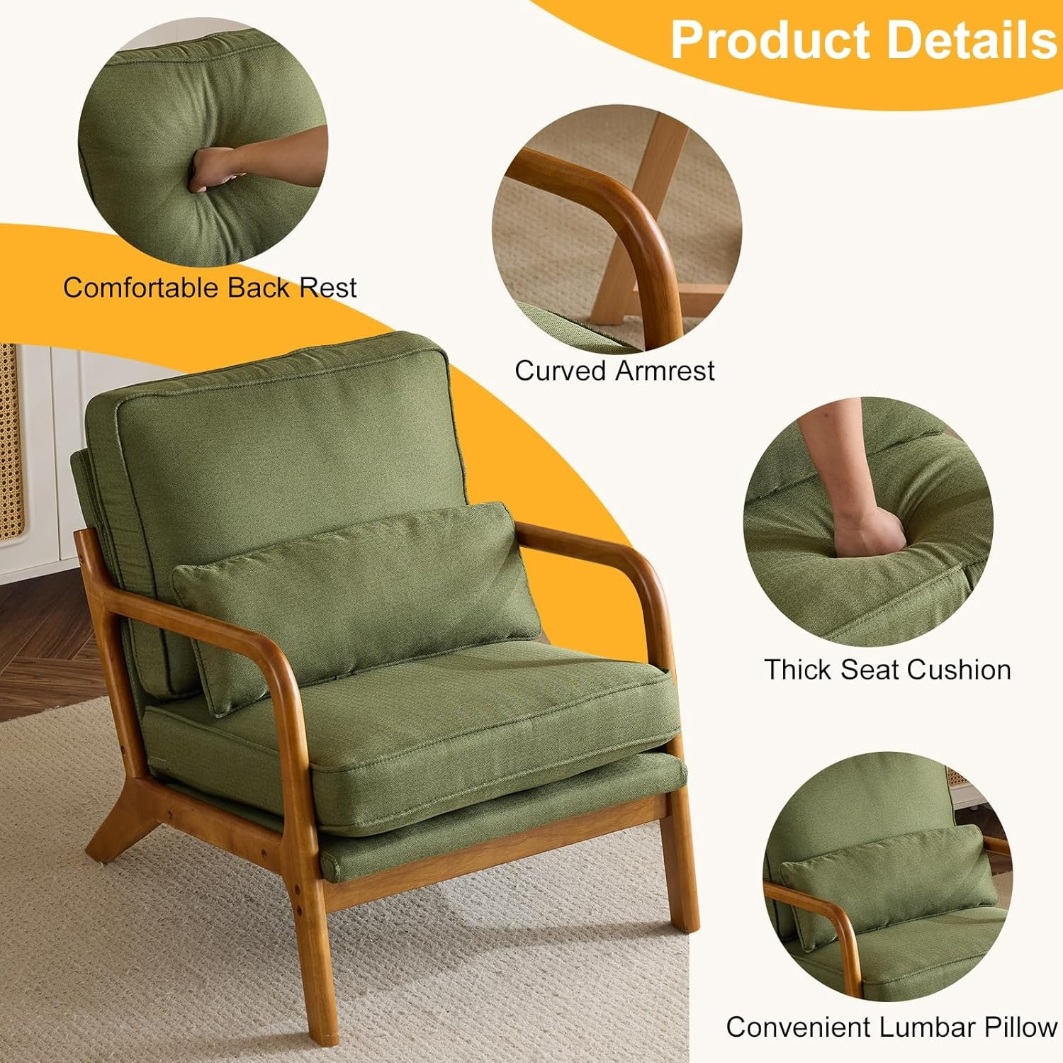 solid accent chair with chenille lumbar pillow assembly suitable for living room bedroom reading nook padded armchair with open back sofa compatible for carpeted floors details 0