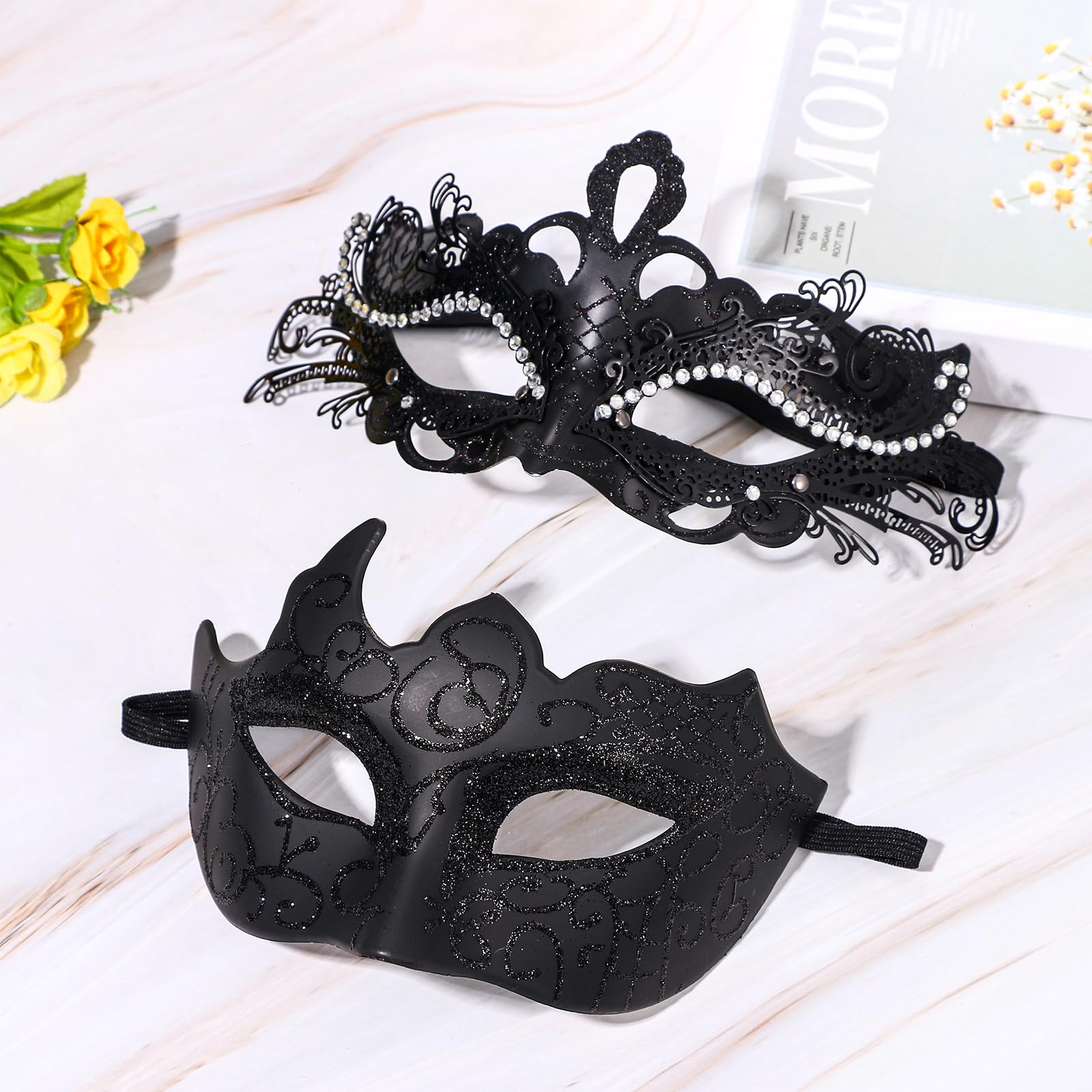 JewelryWe Couple Pair Masquerade Masks: Men Women Half Face Masks for Halloween Mardi Gras Venetian Party Ball Costumes