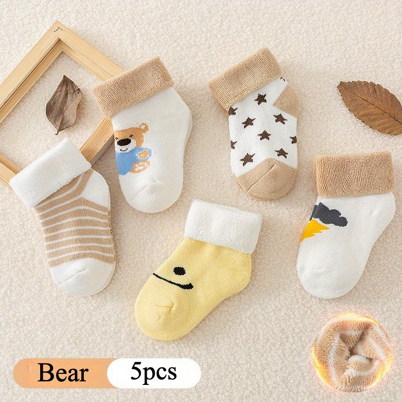 5 Pairs Newborn Baby Thermal Socks 0-12 Months, Winter Warm Thermal Cotton Booties, Soft Breathable Ankle Socks For 0-3 Years Boys Girls, Cute Animal Designs