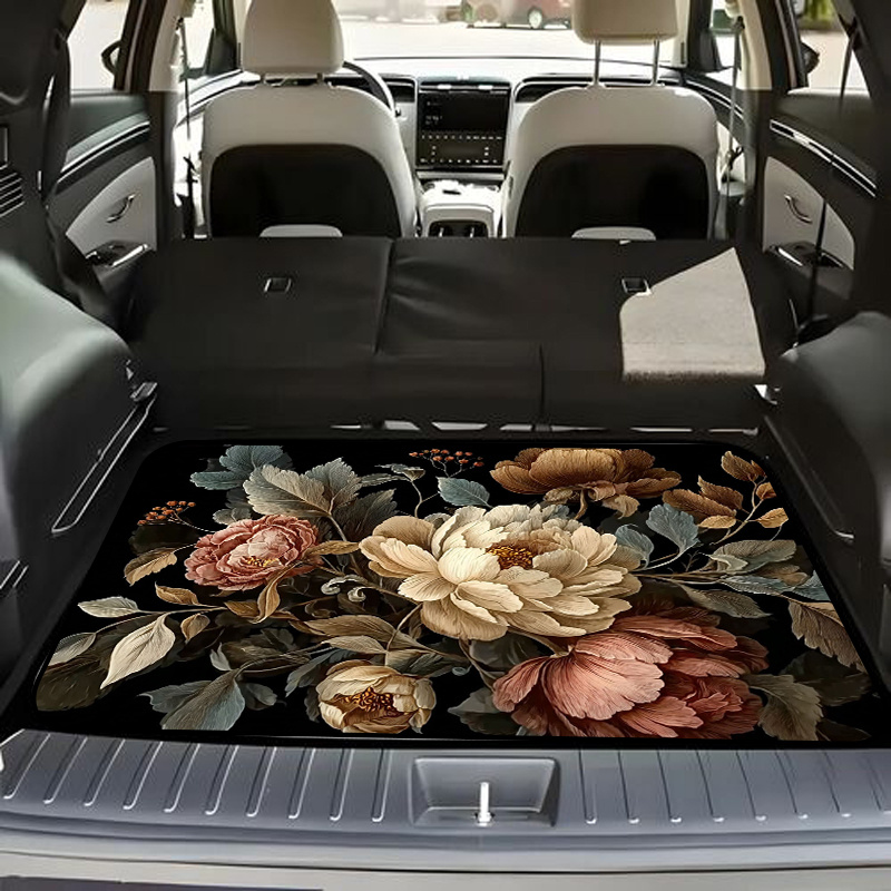 TEMU 1pc Of Trunk Mat, Light Pink, And Colors With A Berry Pattern, Black Background- Durable Material, Dry And Clean, Adds A Unique Charm To The