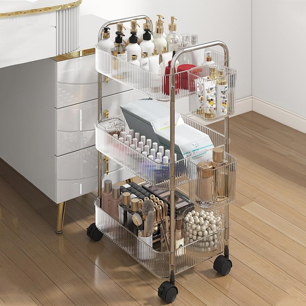 TEMU Three-tier Acrylic Storage Cart, Transparent Bathroom Shelf, Mobile Tiered Rack, Multifunctional Rolling Storage Cart Suitable For Office And
