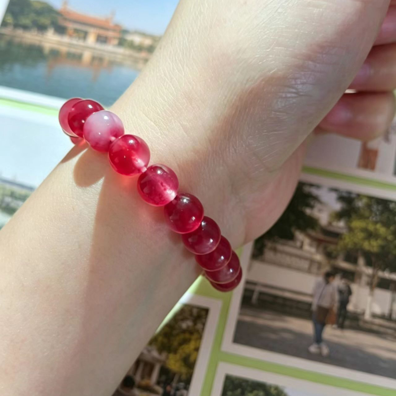 Ice Pink Strawberry Quartz Beaded Bracelet, Floral Inclusion