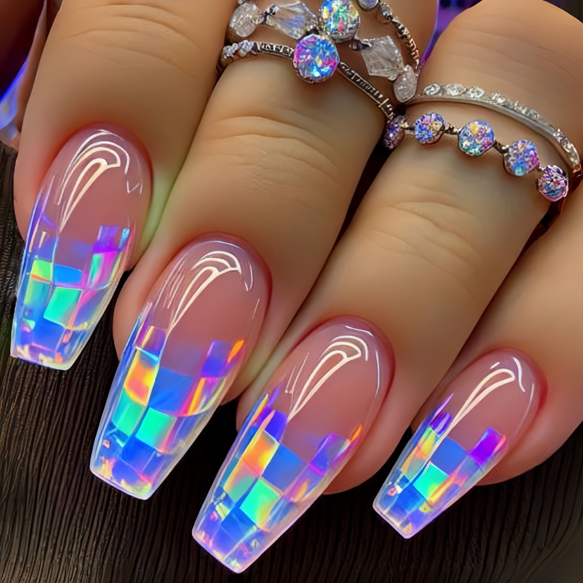 TEMU Medium Length Square Nail Stickers Shiny Stickers Colorful Geometric Stripes Gradient