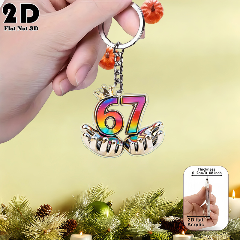 TEMU 2d Flat, 1pc Iridescent Laser-engraved Number 67 Keychain, Multi-functional Decoration, Holiday Decor, Suitable For Handbags, Car Accessories,