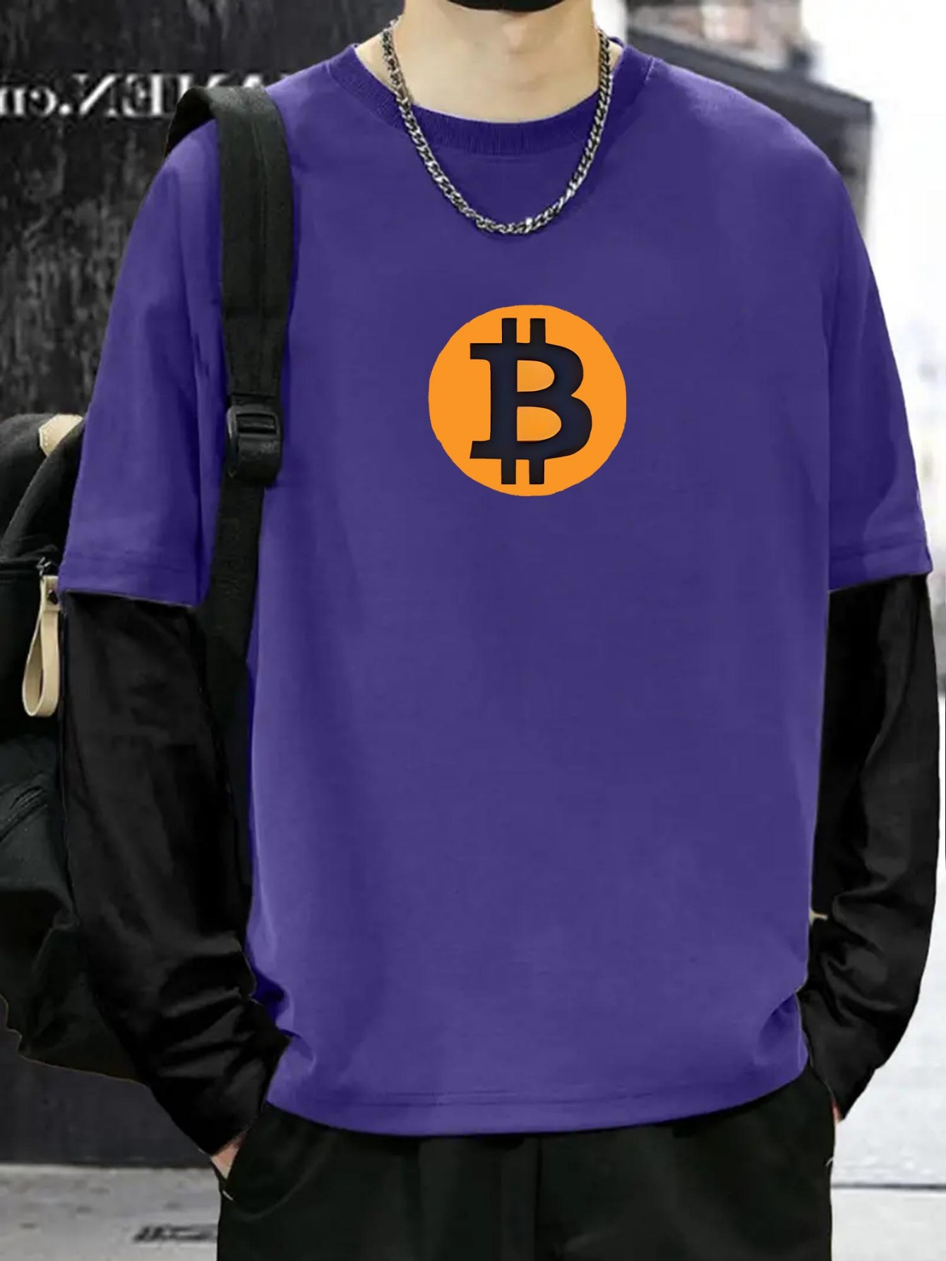 비트코인 기하학 패턴이 있는 남성용 캐주얼 폴리에스터 티셔츠 크루넥 약간의 신축성 사계절용 루즈핏 아플리케 - Temu Republic  of Korea