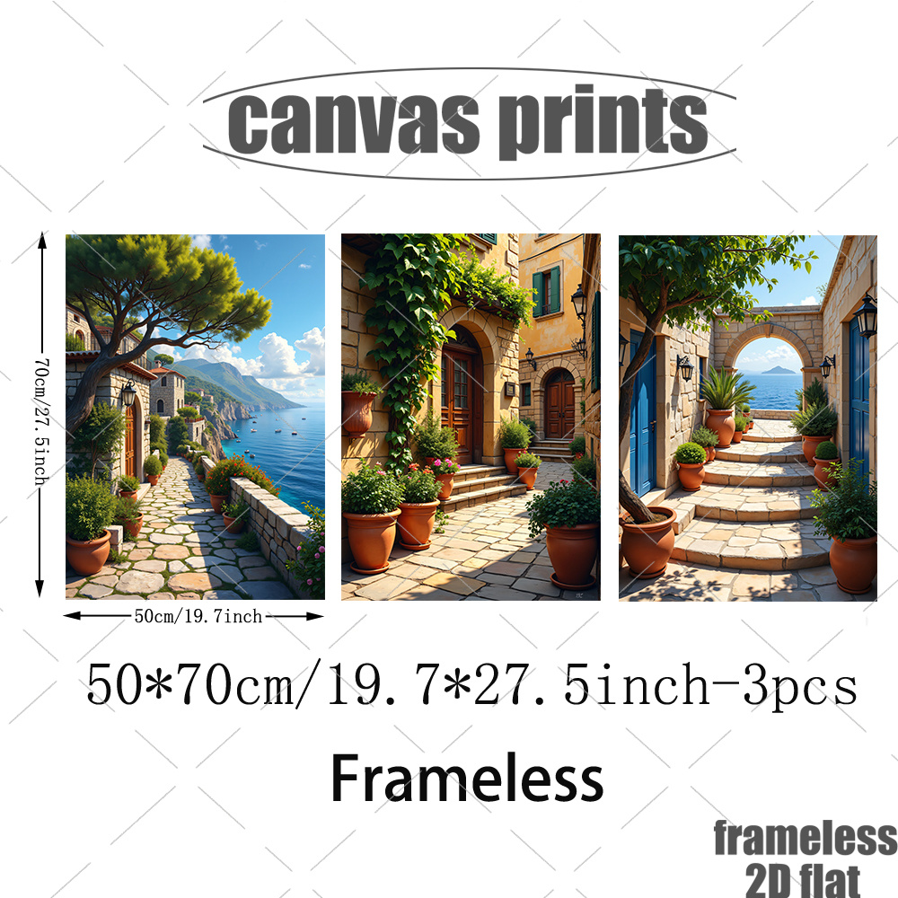 TEMU 2d Flat, 3pcs Mediterranean Sea Canvas Wall Prints - Modern Vertical Frameless Suitable For Mediterranean Architecture Decor, Greenery & Panels,