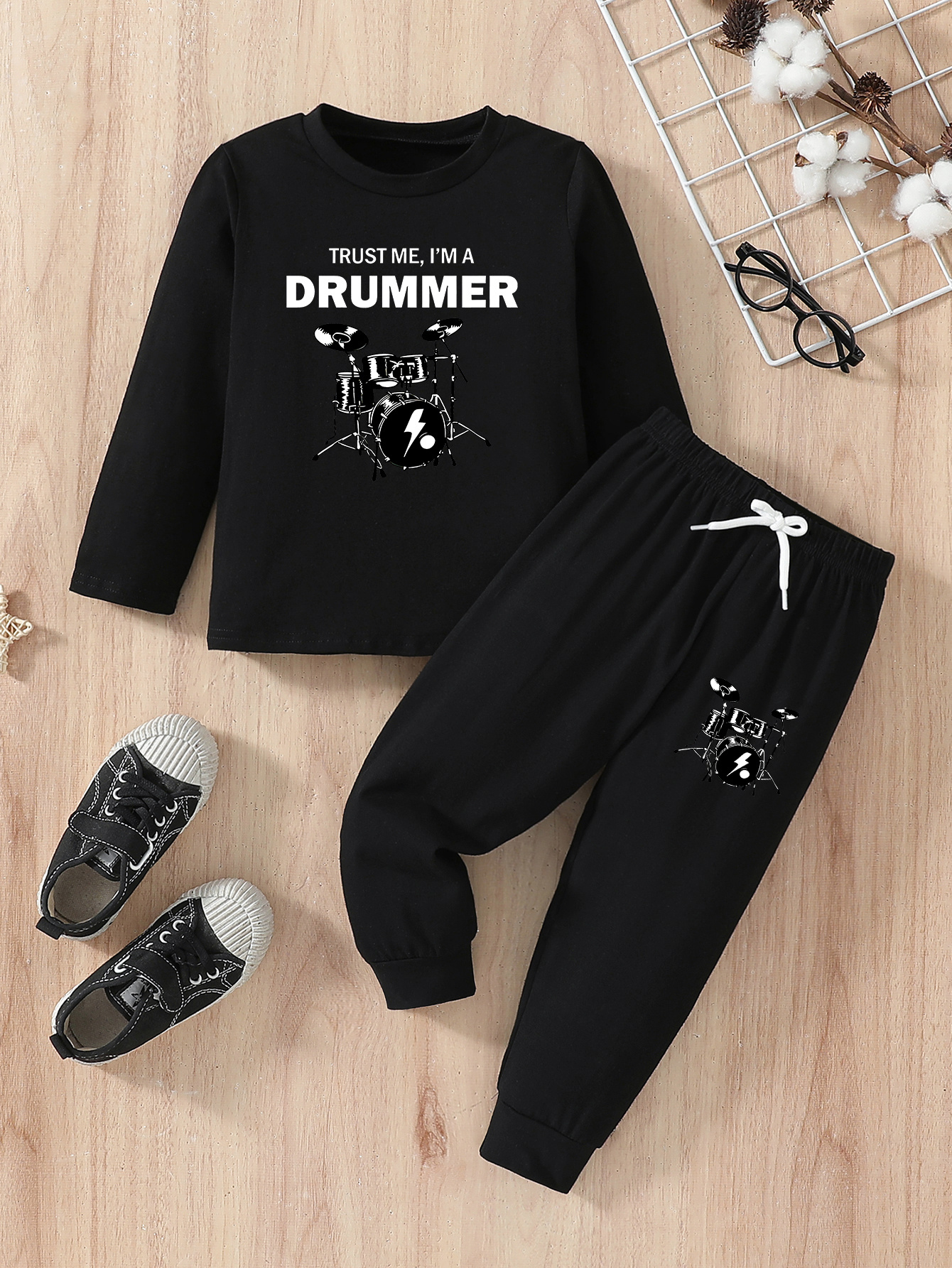 2025 New Trendy Drummer Print Boys' Casual Long Sleeve T-Shirt & Pants Set - Soft, Comfortable, and Stylish for Fall/Winter Outdoor Activities, Perfect for Outdoor, Baby Boy Outfit, Perfect for Outdoor