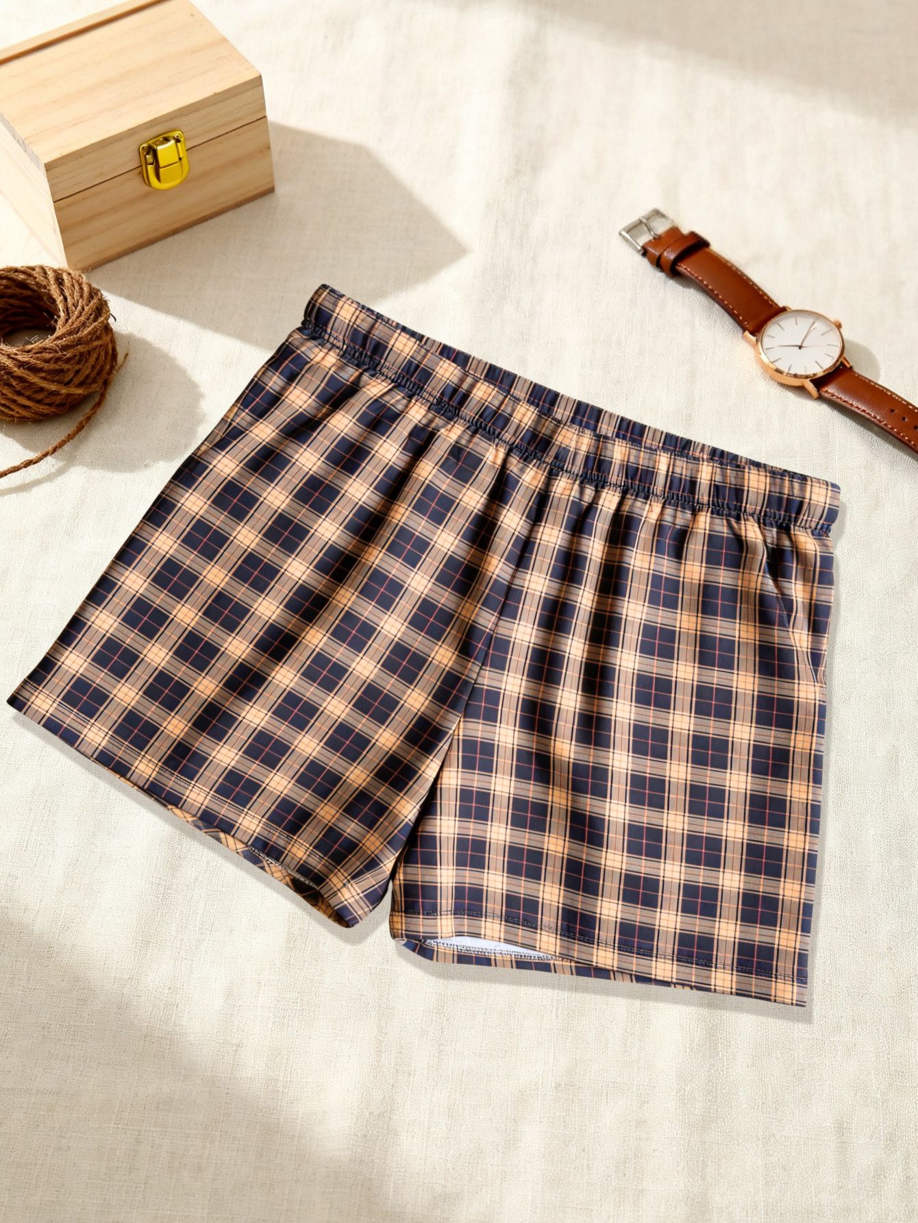 4pcs Random Men's Plaid Pattern Lounge Shorts