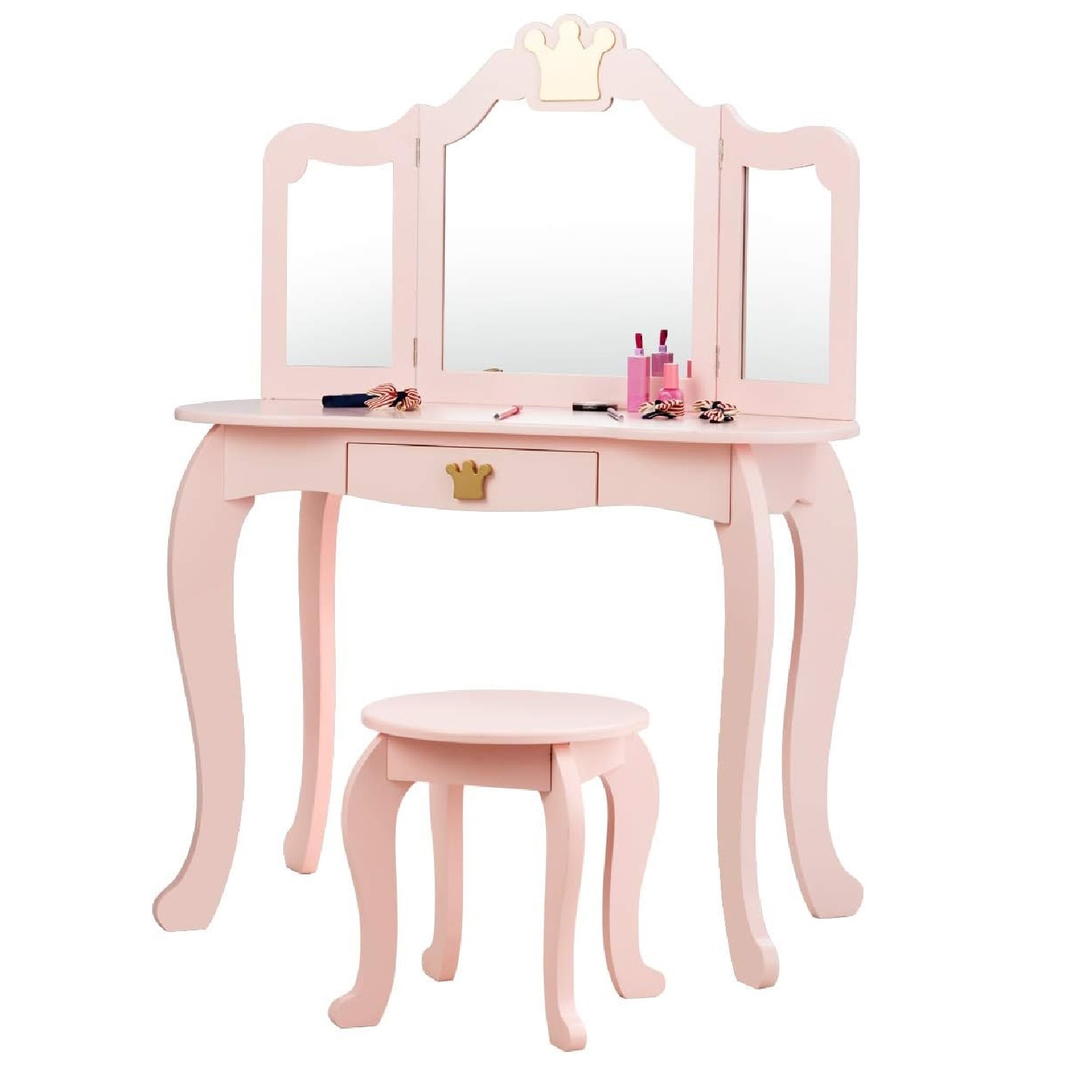 Image of Kids Vanity Table & Stool Set, Princess Pretend Beauty Makeup Table W/ Tri-folding Mirror & Drawer, Wooden Toddler Vanity Table & Stool Set