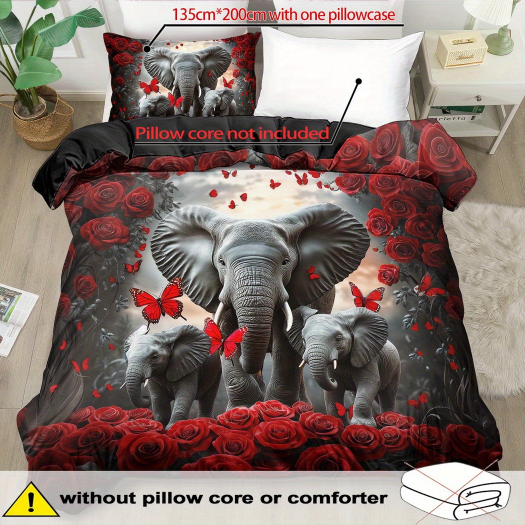 E-shop Tierisches Daunenbettwäsche-Set – 2/3-teilig, Weicher, atmungsaktiver , Elefanten-Print-Bettwäsche, Bettwäsche mit Rosenblüten- und