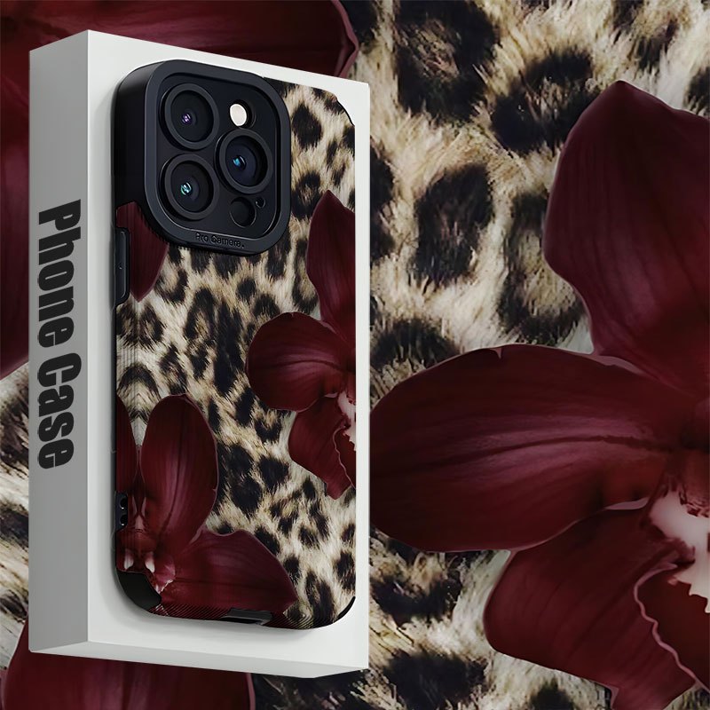 E-shop Handyhülle - Leopardenmuster Rotes Blumenmuster Vertikale Streifen Kunstleder Handyhülle für iPhone 16/iPhone 15 Pro/iPhone 16 Plus/iPhone 14