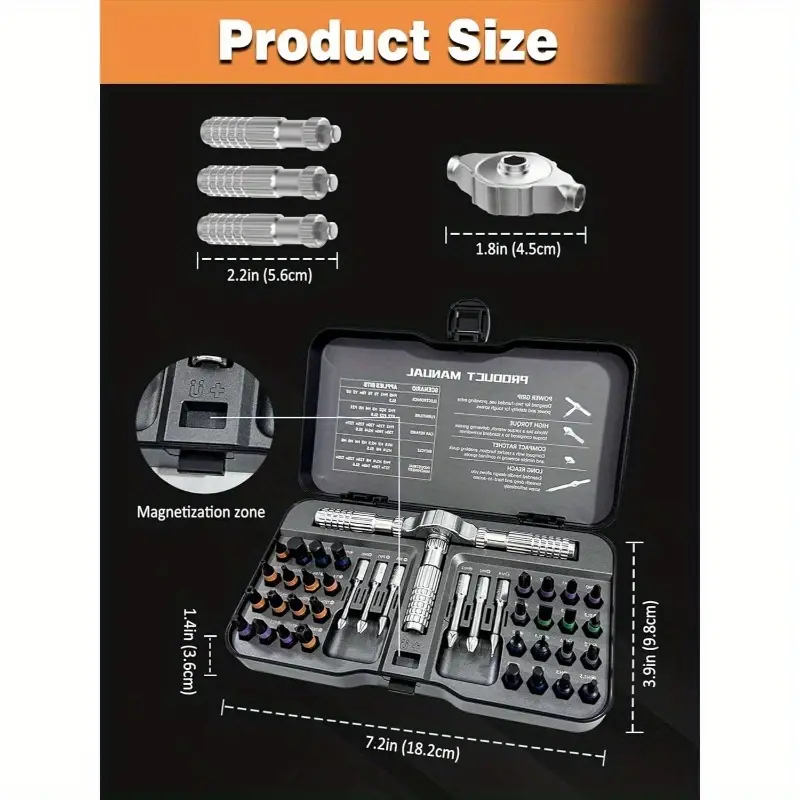 40-in-1 ratchet screwdriver set with 38pcs s2 steel bits, multi-magnetic detachable handle, portable electrical assembly tool kit, no electricity needed, screwdriver set|ratchet mechanism|durable construction, screwdriver set Product details 2