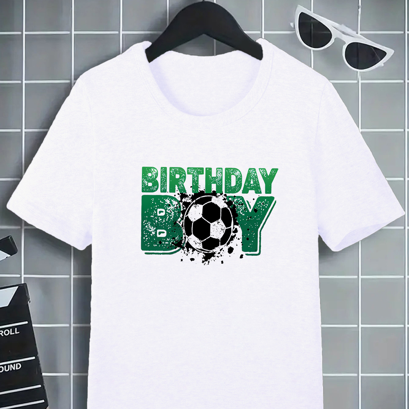 

Kids Soccer Theme Birthday Boy T-shirt, Knit Fabric Casual Crew Neck Short Sleeve Top For Daily And School, Polyester Spandex , Fits 12 And Under