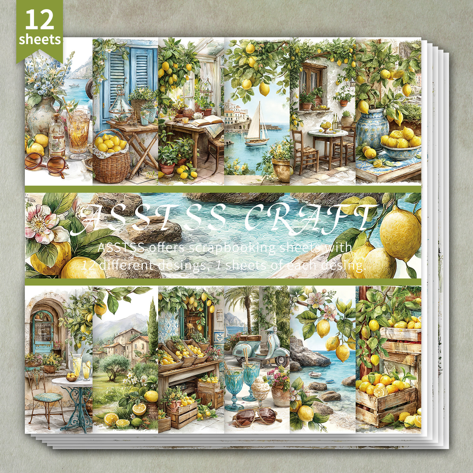 TEMU Bloc de papier scrapbooking ASSTSS de 12 feuilles, pouces, papier de base style été méditerranéen Amalfi, aquarelle Côte du citron, papier de