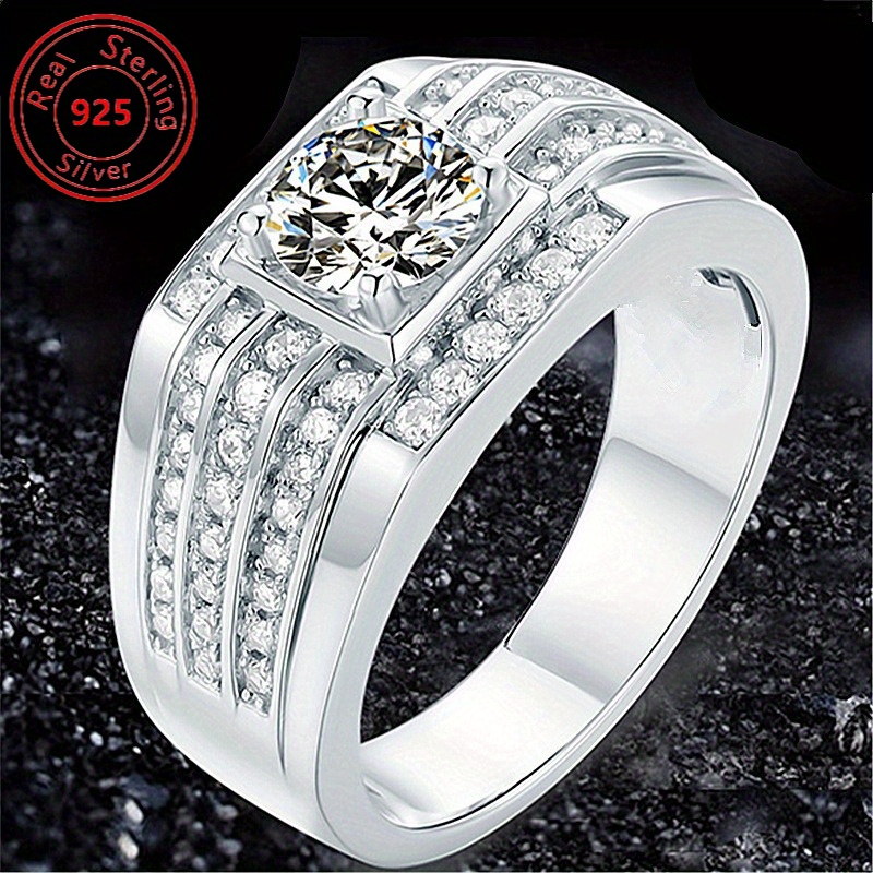 

S925 Sterling Silver Men's Ring With -row Cubic Zirconia - Stylish And Powerful, Casual Attire And Parties, Ideal Valentine's Day Gift