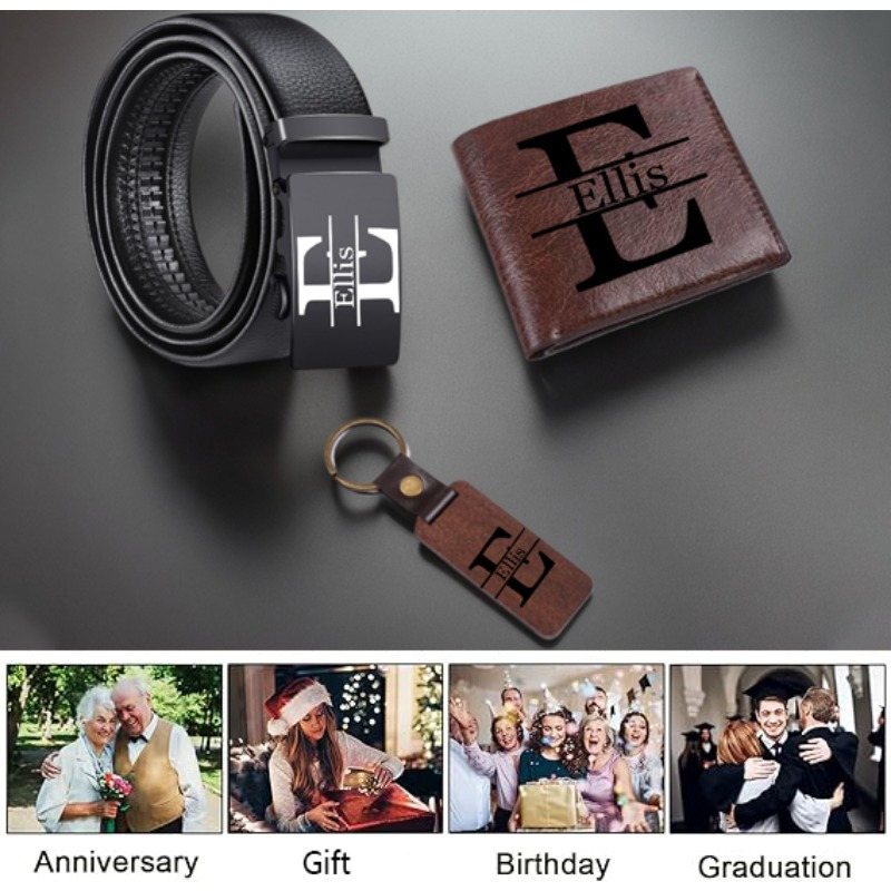 3pcs Custom Wallet Belt Keychain Gift Set, Men's Custom Letter Name, Father's Day, Wedding Day, and Birthday Gift, Gift for Friends, Son, Boyfriend, Classmate