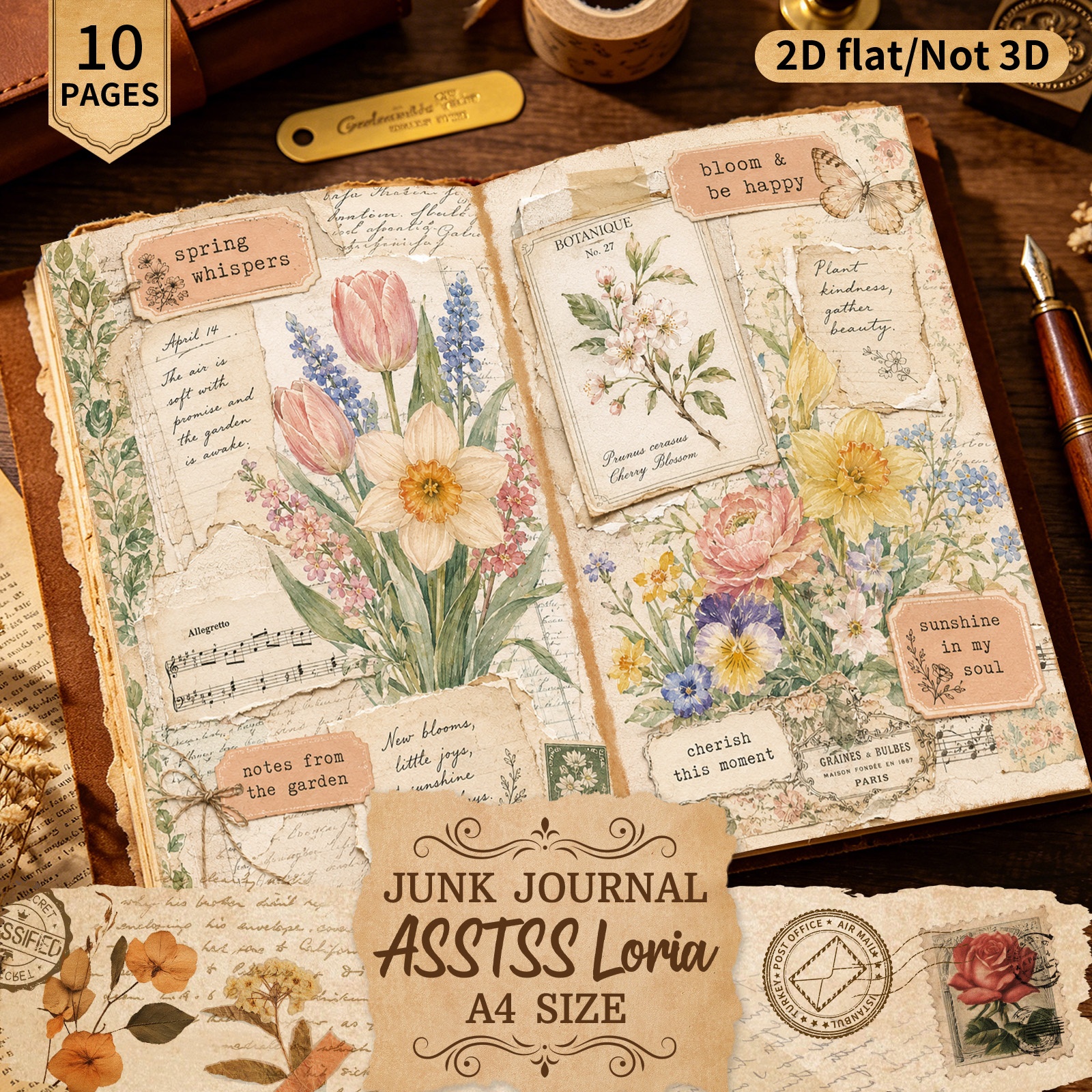 TEMU Asstssloria 10 Sheets A4 2d Flat Watercolor Flower And Word Collage Scrapbooking Paper Set, Handcrafted Junk Journal And Decorative Craft Paper,