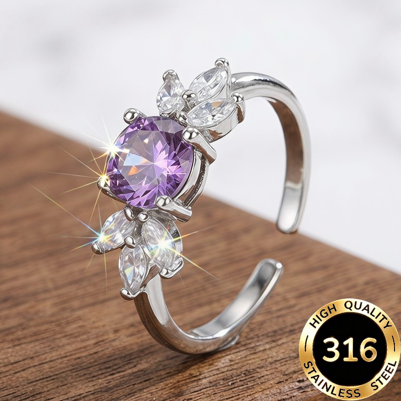 TEMU 1pc High Quality Open Adjustable Steel Hypoallergenic Light Luxury Elegant Sparkling Purple Round Synthetic Zirconia With Leaf Shape Design Ring