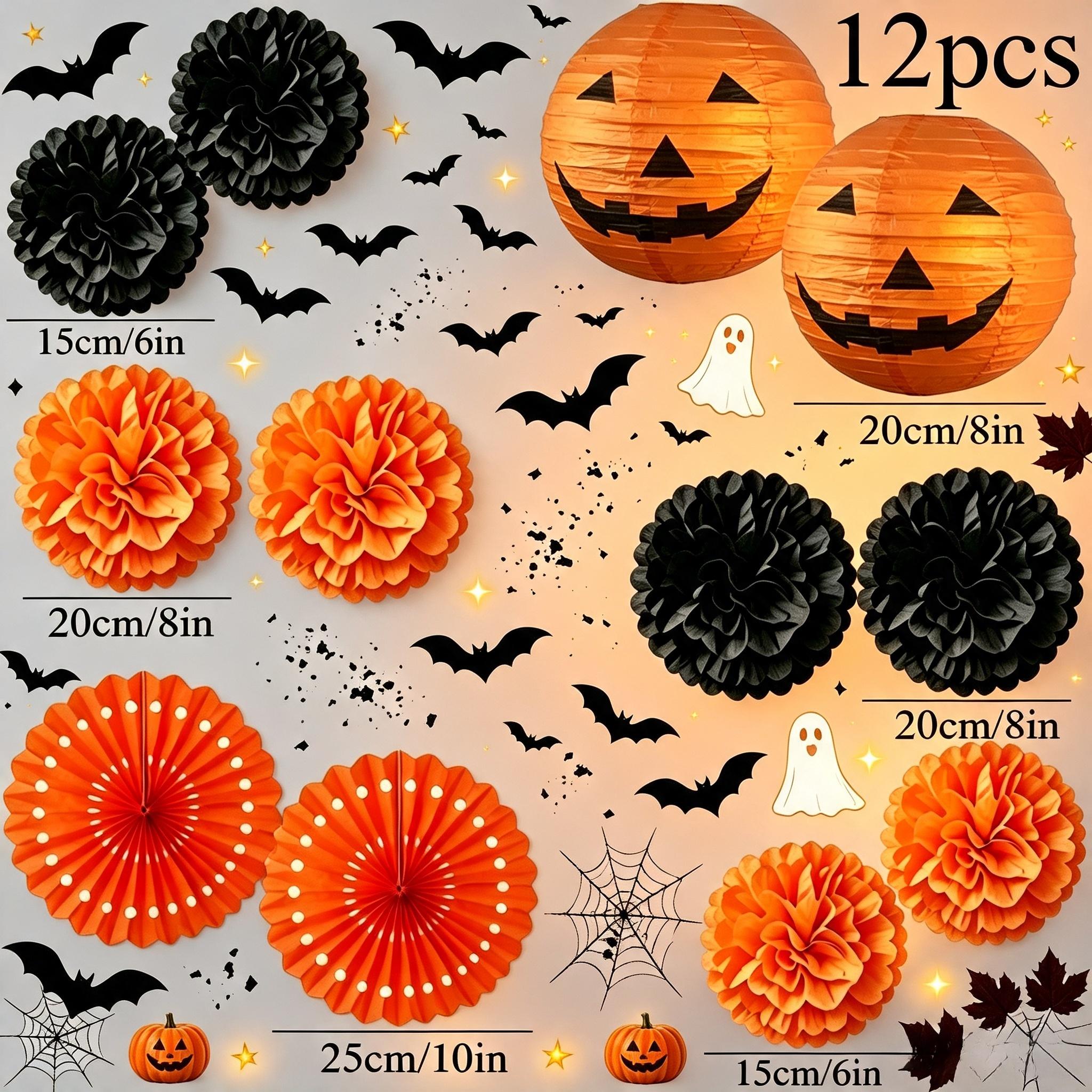 TEMU 12pcs Set Of Halloween Paper Ball Pumpkin Lantern Decorations, Suitable For Hanging Decorations (black, Orange) And Indoor And Outdoor