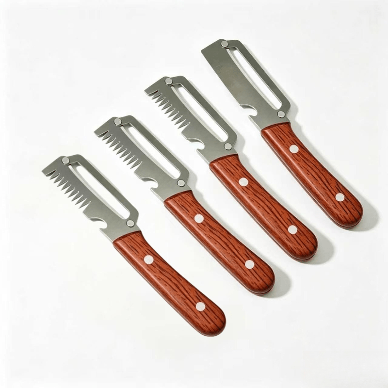 TEMU Peeler Set, 4pcs (3pcs Toothed And 1pc Plain), Ergonomic Wood Grain Handle, Multifunctional For Peeling, Slicing, And Bottle Opening, Home And